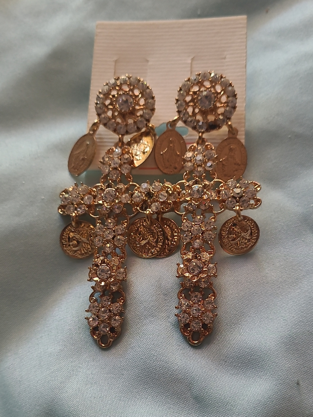 Gold-Tone Crystal Cross Drop Earrings - Clear Crystals